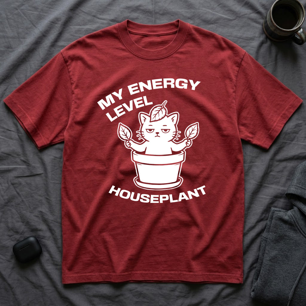 T-Shirt — 'ENERGY LEVEL HOUSEPLANT' Tired Cat Graphic Tee (Tired jokes)