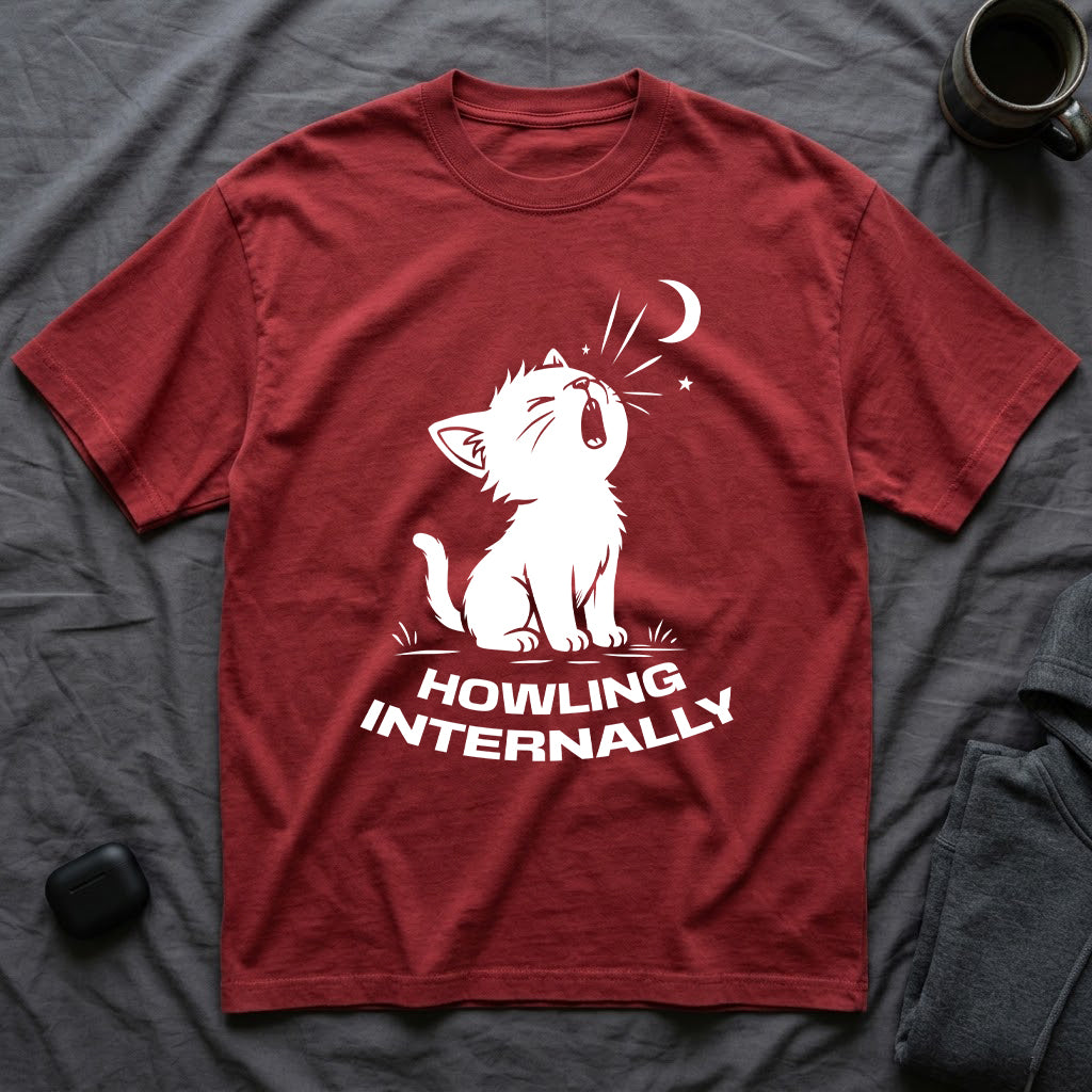 T-Shirt — 'HOWLING INTERNALLY' Tired Cat Graphic Tee (Tired jokes)