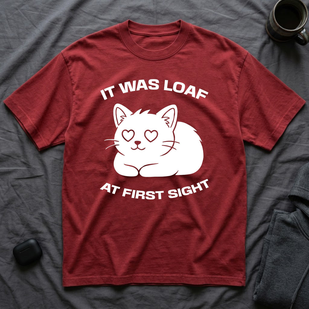 T-Shirt — 'IT WAS LOAF AT FIRST SIGHT' Tired Cat Graphic Tee (Tired jokes)