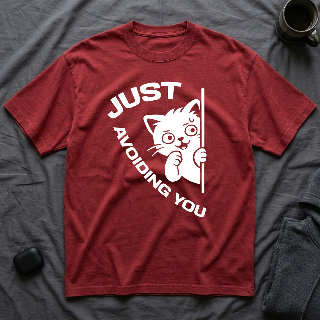 T-Shirt — 'Just Avoiding You' Tired Cat Graphic Tee (Tired jokes)