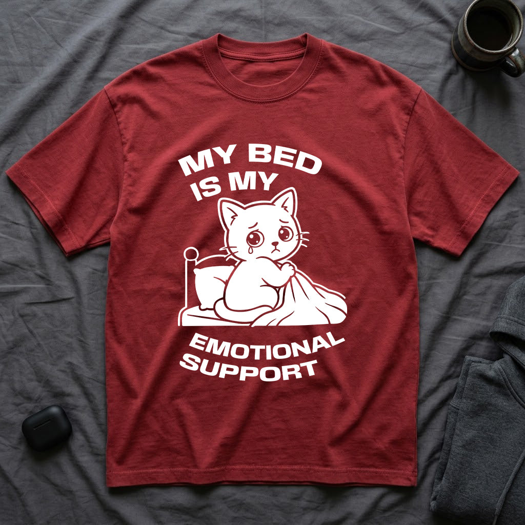 T-Shirt — 'MY BED IS MY EMOTIONAL SUPPORT' Tired Cat Graphic Tee (Tired jokes)