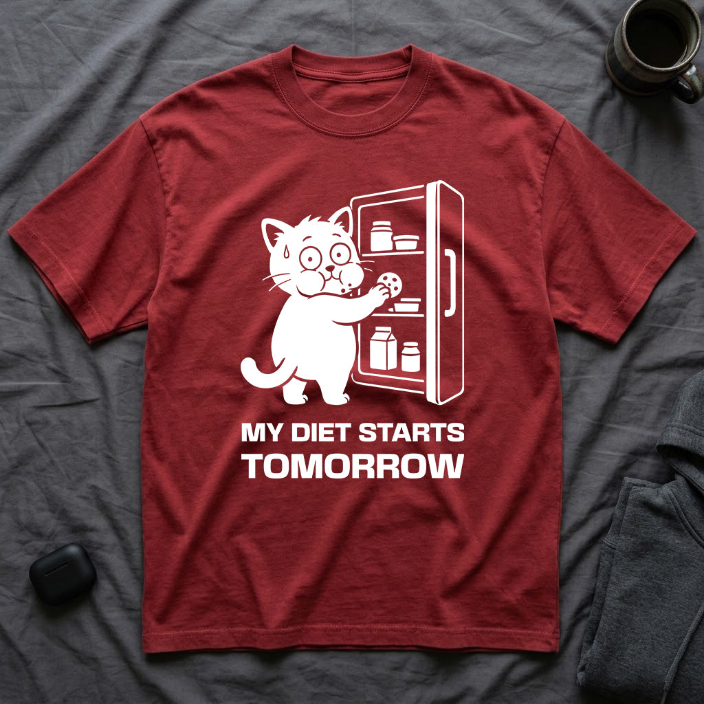T-Shirt — 'My Diet Starts Tomorrow' Tired Cat Graphic Tee (Tired jokes)