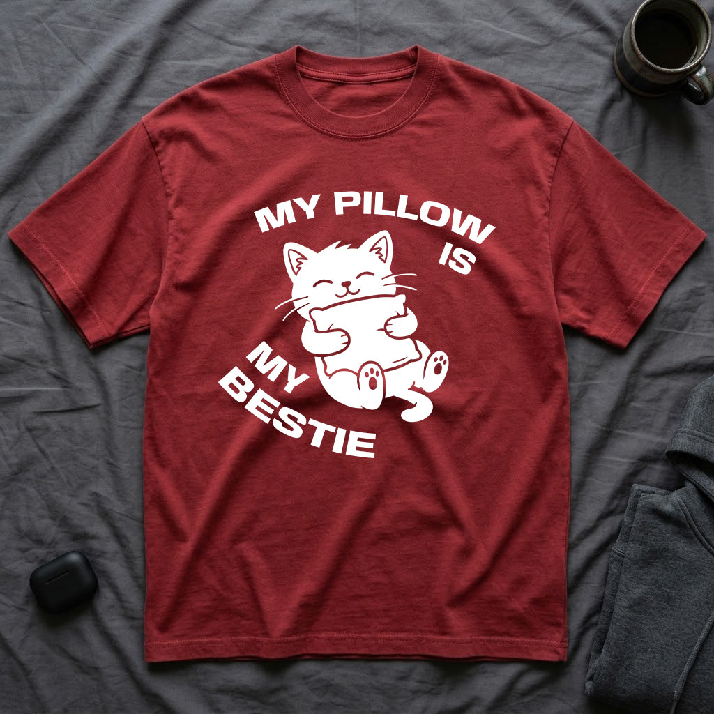 T-Shirt — 'My Pillow Is My Bestie' Tired Cat Graphic Tee (Tired jokes)