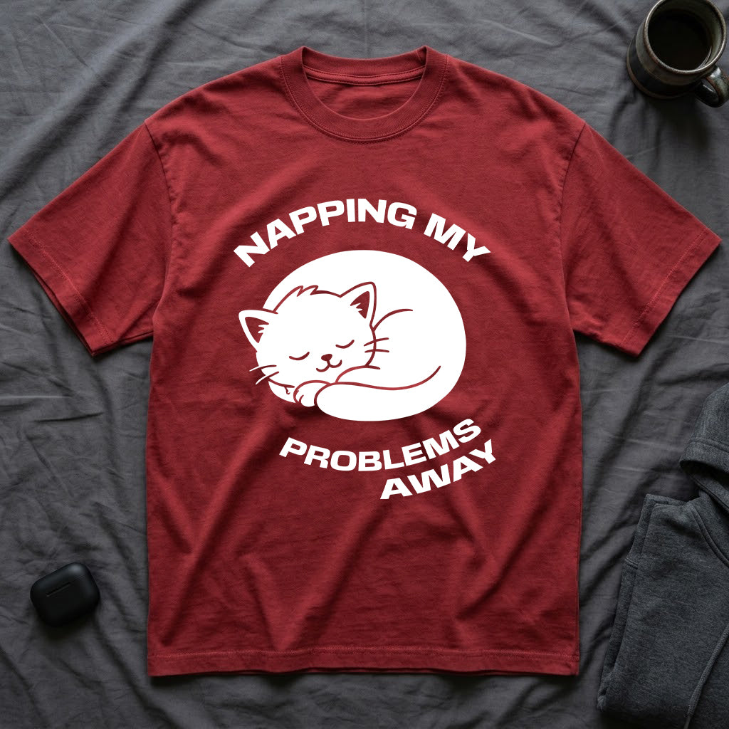 T-Shirt — 'NAPPING MY PROBLEMS AWAY' Tired Cat Graphic Tee (Tired jokes)