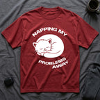 T-Shirt — 'NAPPING MY PROBLEMS AWAY' Tired Cat Graphic Tee (Tired jokes)