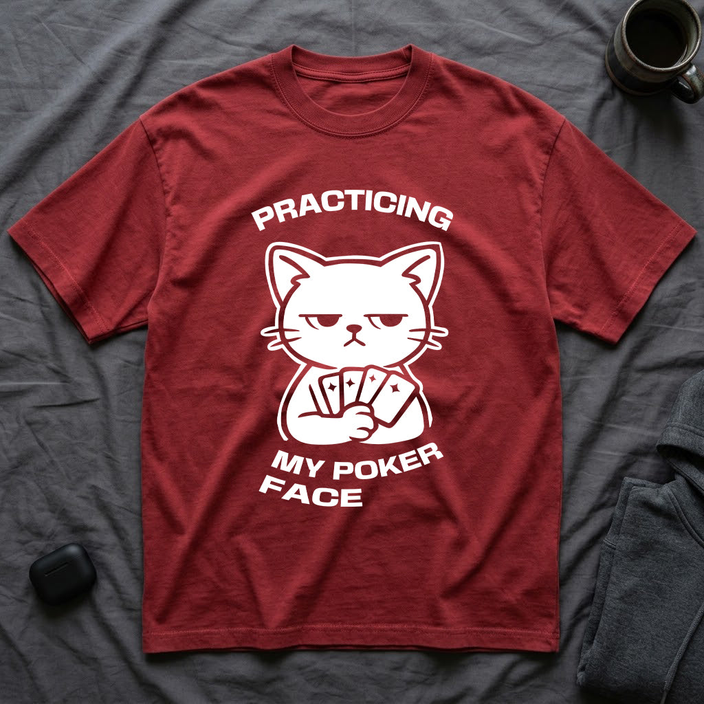 T-Shirt — 'PRACTICING MY POKER FACE' Tired Cat Graphic Tee (Tired jokes)