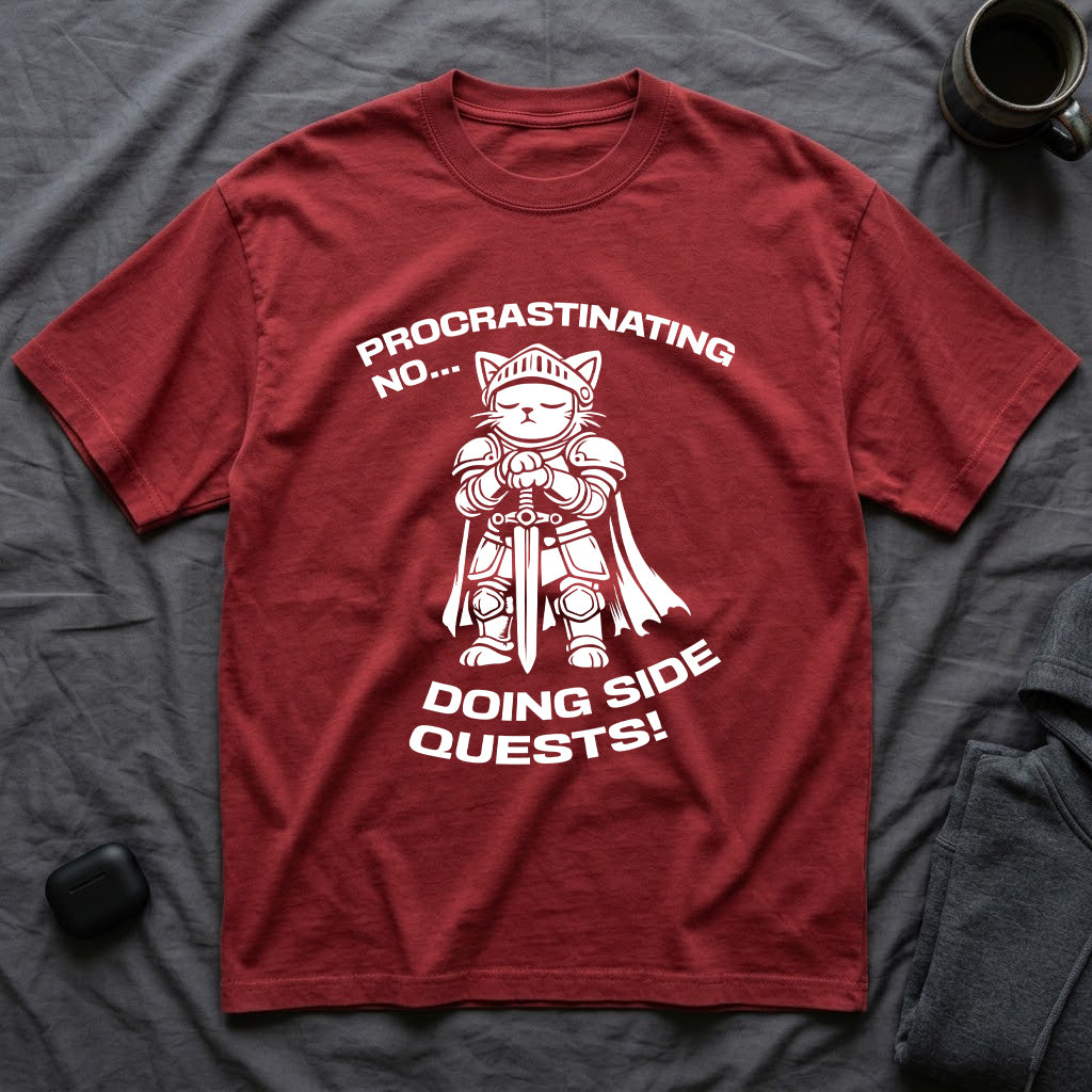 T-Shirt — 'PROCRASTINATING NO...DOING SIDE QUESTS!' Tired Cat Graphic Tee (Tired jokes)