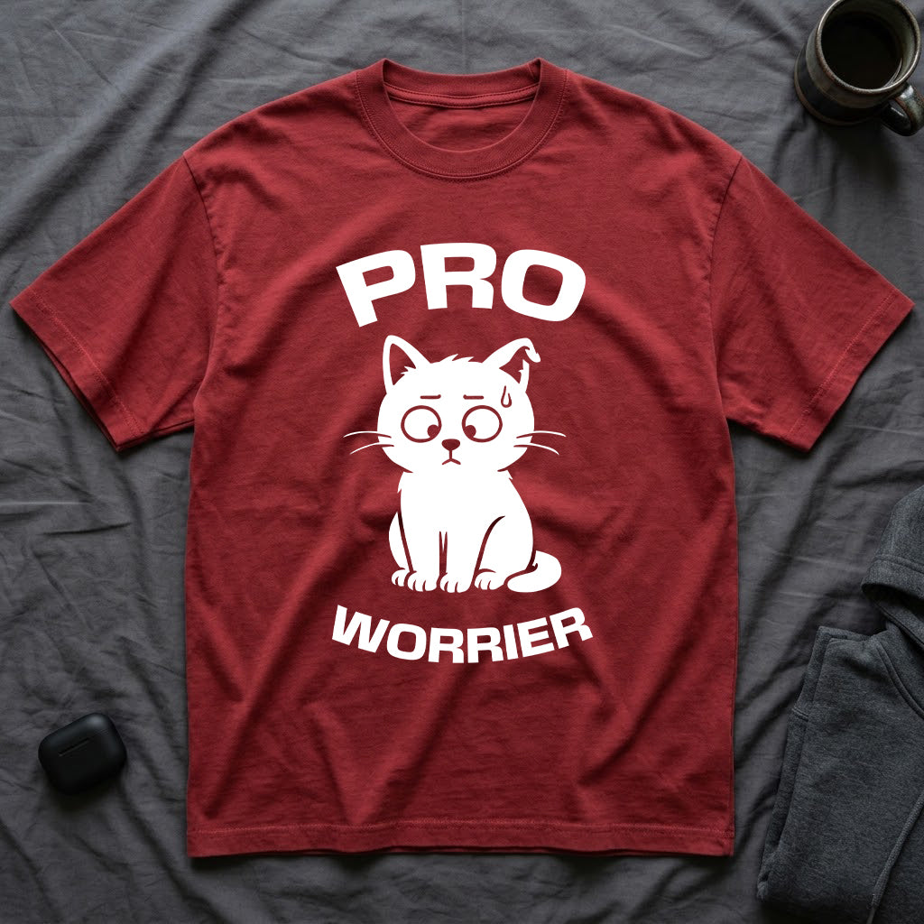 T-Shirt — 'Pro Worrier' Tired Cat Graphic Tee (Tired jokes)