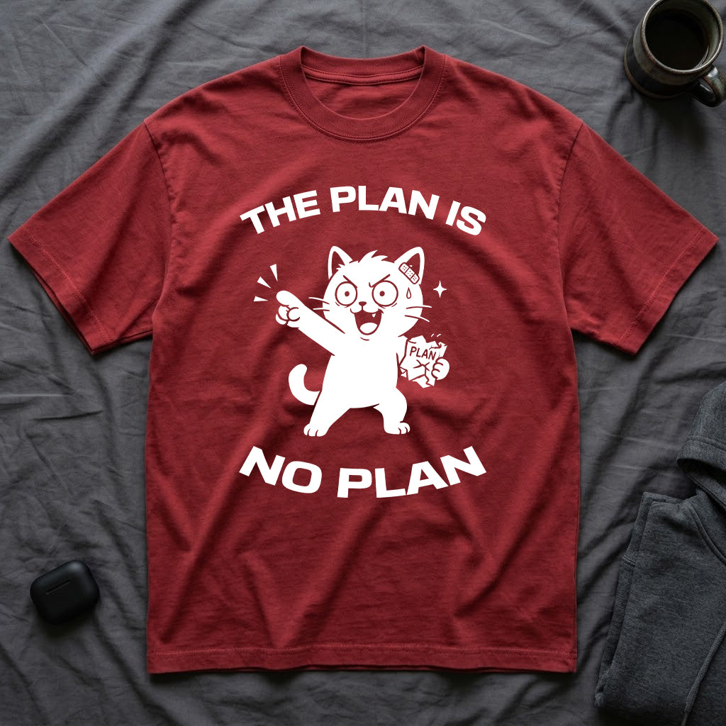 T-Shirt — 'The Plan Is No Plan' Tired Cat Graphic Tee (Tired jokes)