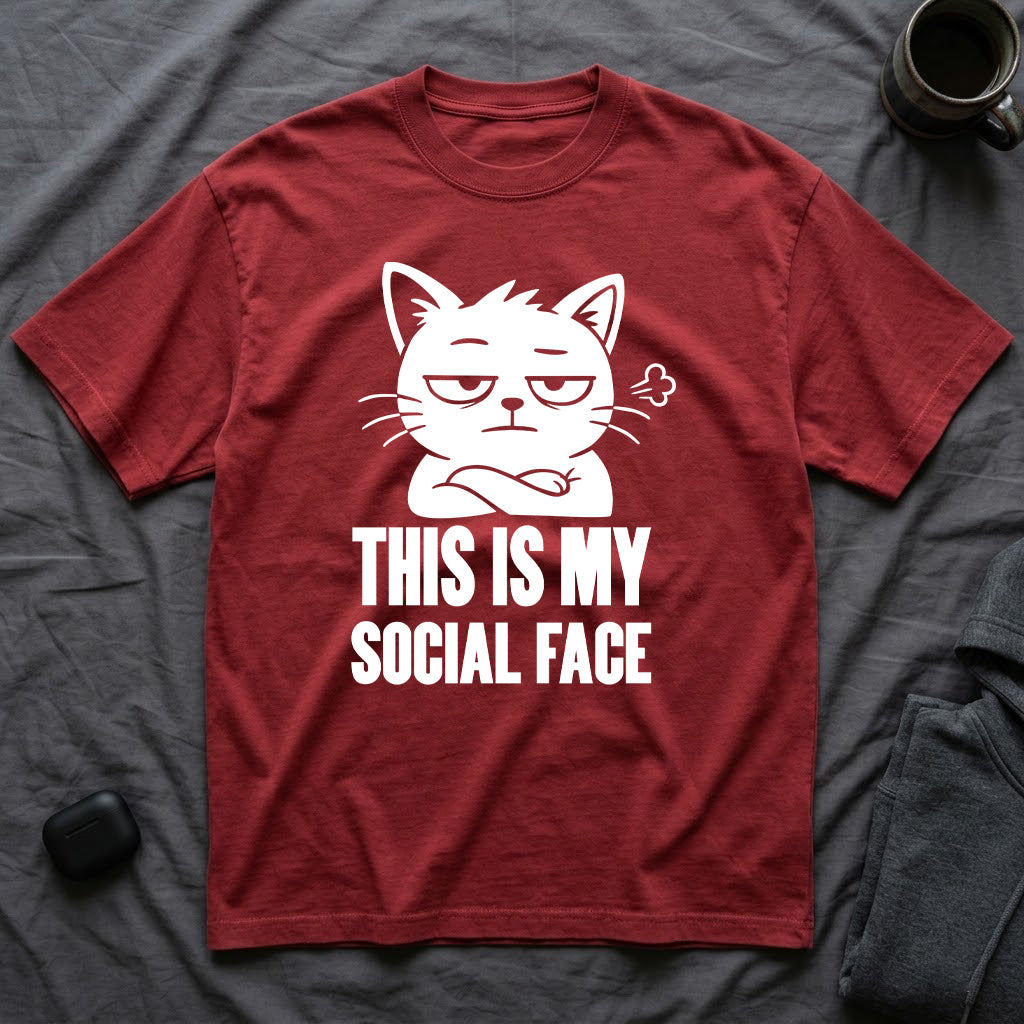 T-Shirt — 'This Is My Social Face' Tired Cat Graphic Tee (Tired jokes)