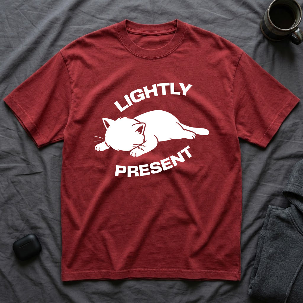 T-Shirt — 'Lightly Present' Tired Cat Graphic Tee (Tired jokes)