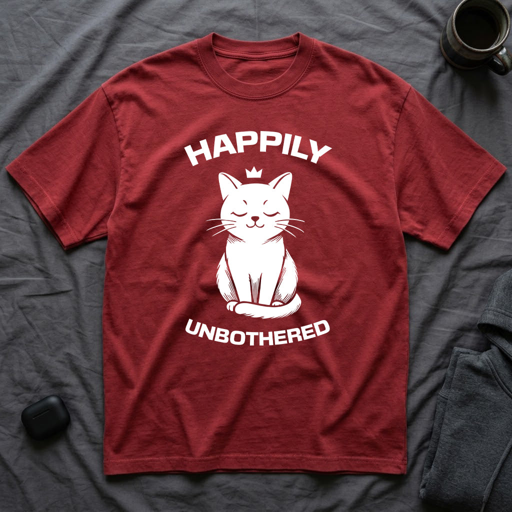 T-Shirt — 'Happily Unbothered' Tired Cat Graphic Tee (Tired jokes)