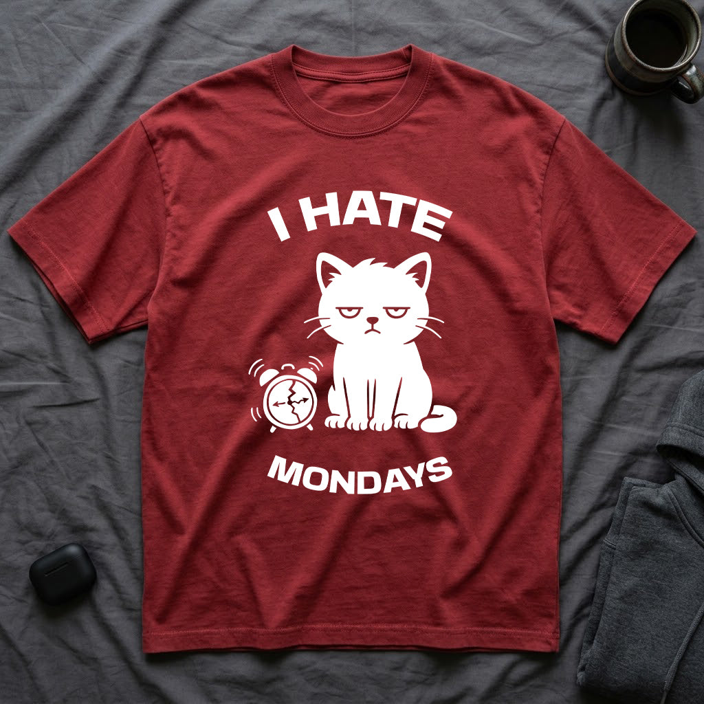 T-Shirt — 'I HATE MONDAYS ' Tired Cat Graphic Tee (Tired jokes)