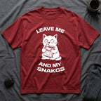 T-Shirt — 'LEAVE ME AND MY SNACKS' Tired Cat Graphic Tee (Tired jokes)