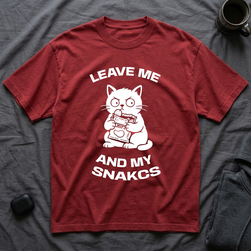 T-Shirt — 'LEAVE ME AND MY SNACKS' Tired Cat Graphic Tee (Tired jokes)