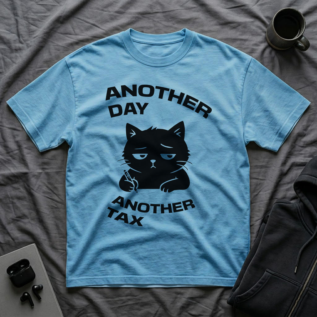 T-Shirt — 'ANOTHER DAY ANOTEHR TAX' Tired Cat Graphic Tee (Tired jokes)