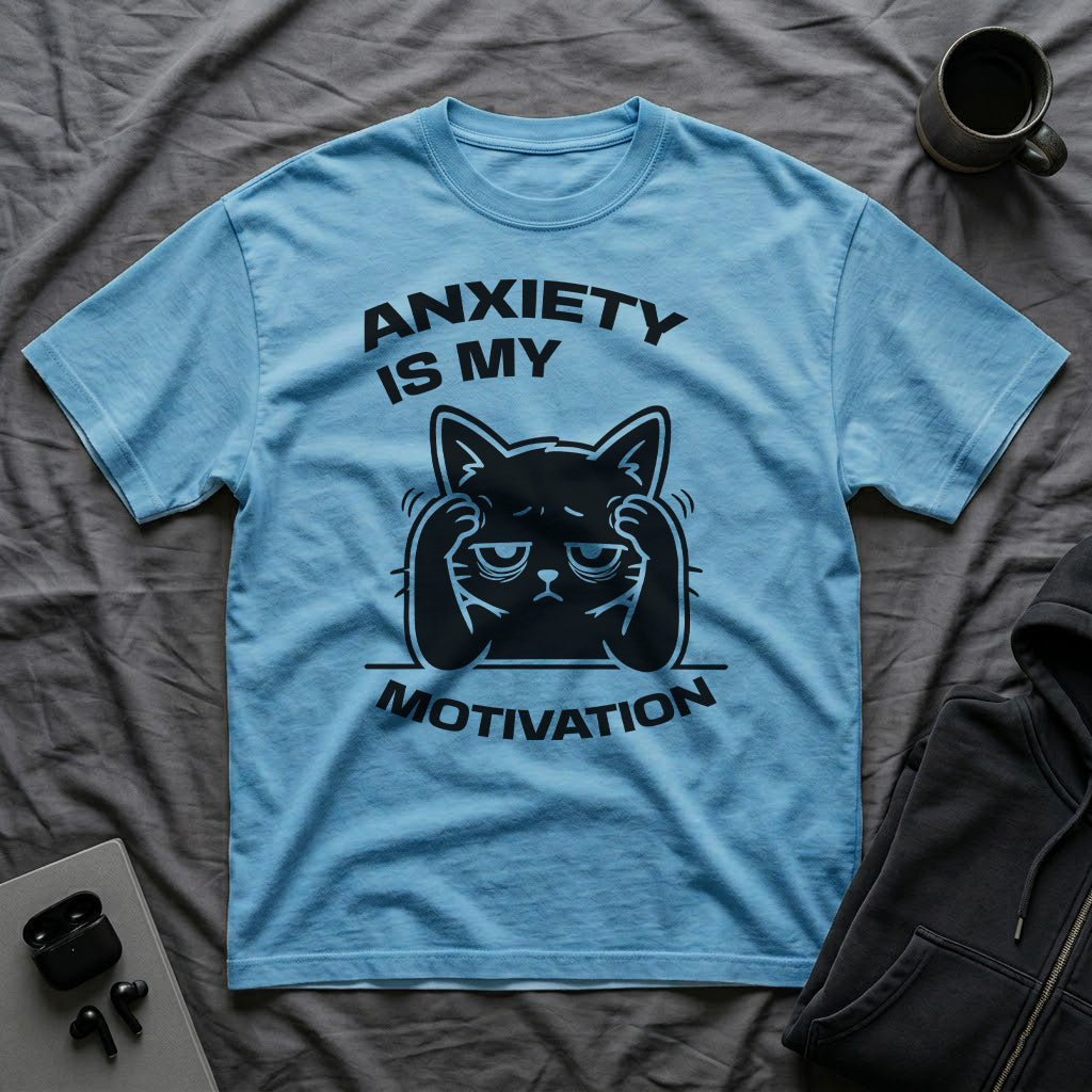 T-Shirt — 'ANXIETY IS MY MOTIVATION' Tired Cat Graphic Tee (Tired jokes)