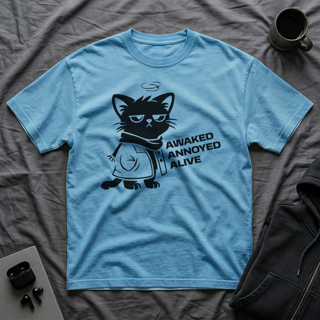 T-Shirt — 'AWAKED ANNOYED ALIVE' Tired Cat Graphic Tee (Tired jokes)