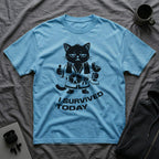 T-Shirt — 'I SURVIVED TODAY' Tired Cat Graphic Tee (Tired jokes)