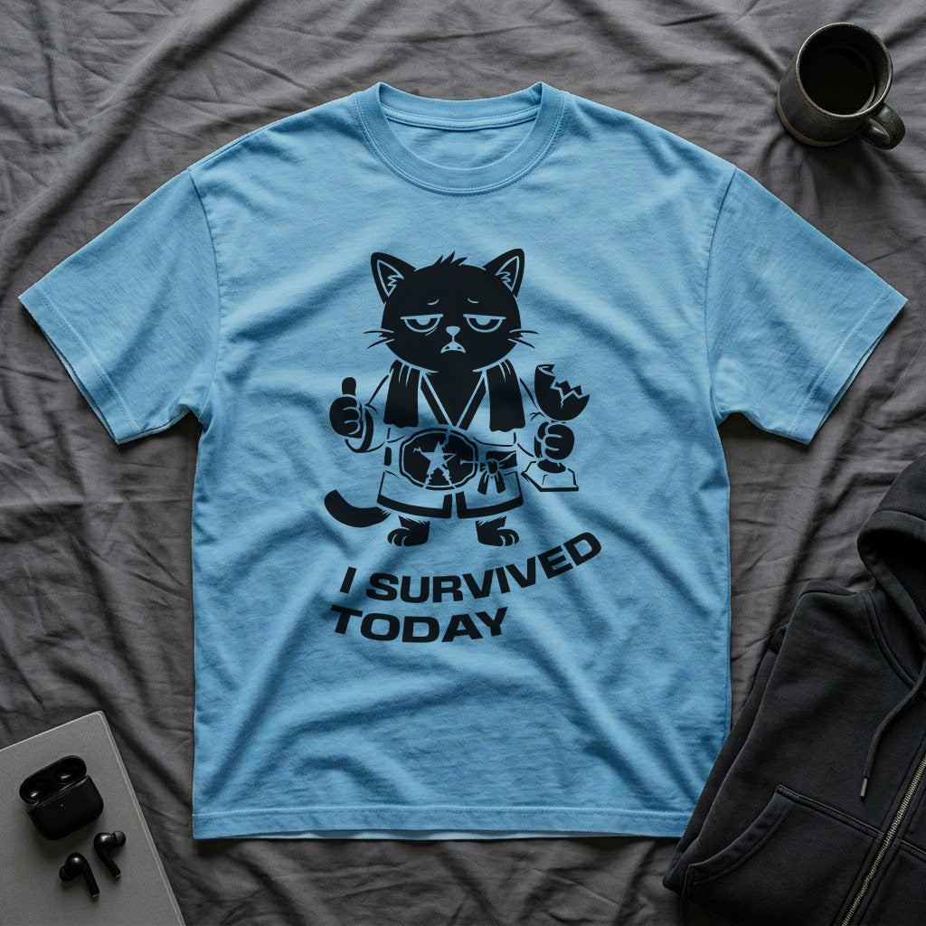 T-Shirt — 'I SURVIVED TODAY' Tired Cat Graphic Tee (Tired jokes)