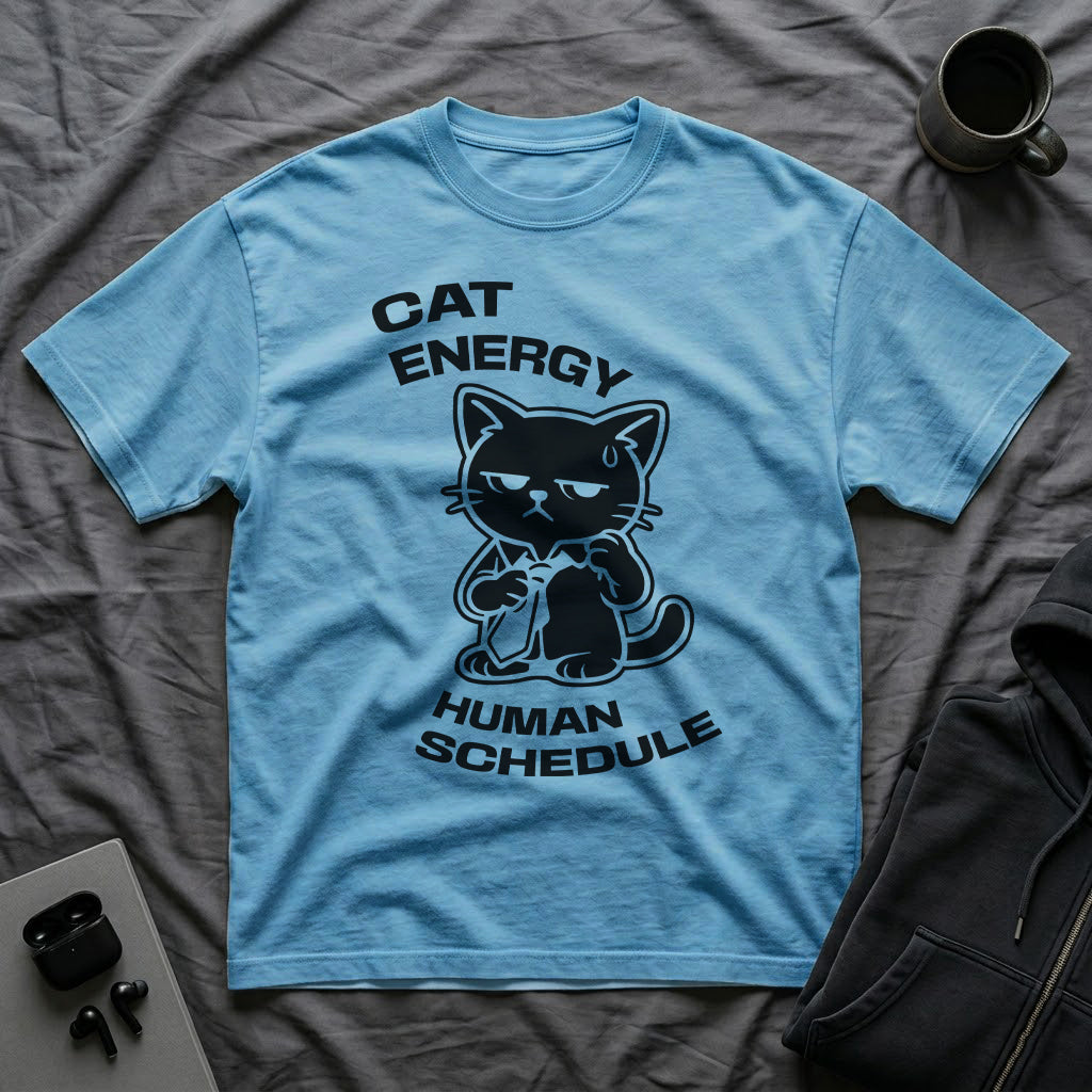 T-Shirt — 'CAT ENERGY HUMAN SCHEDULE' Tired Cat Graphic Tee (Tired jokes)