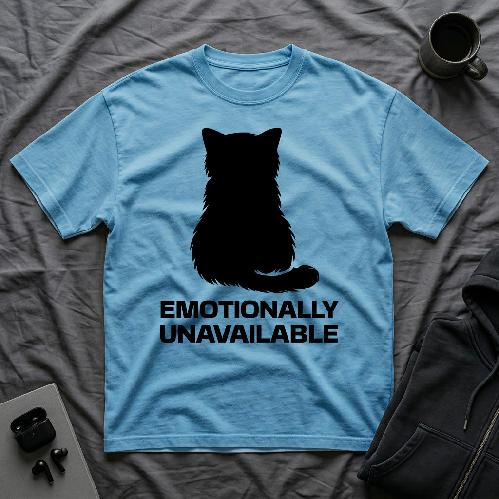 T-Shirt — 'Emotionally Unavailable' Tired Cat Graphic Tee (Tired jokes)