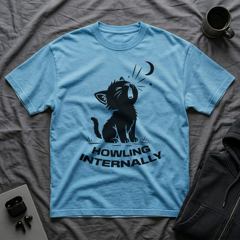 T-Shirt — 'HOWLING INTERNALLY' Tired Cat Graphic Tee (Tired jokes)