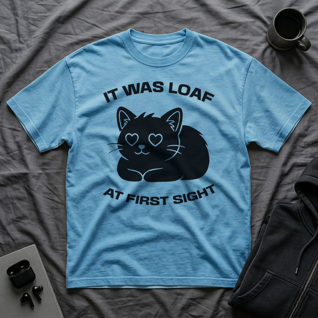 T-Shirt — 'IT WAS LOAF AT FIRST SIGHT' Tired Cat Graphic Tee (Tired jokes)