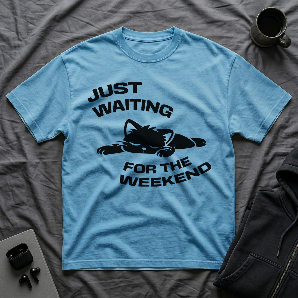 T-Shirt — 'JUST WAITING FOR THE WEEKEND' Tired Cat Graphic Tee (Tired jokes)