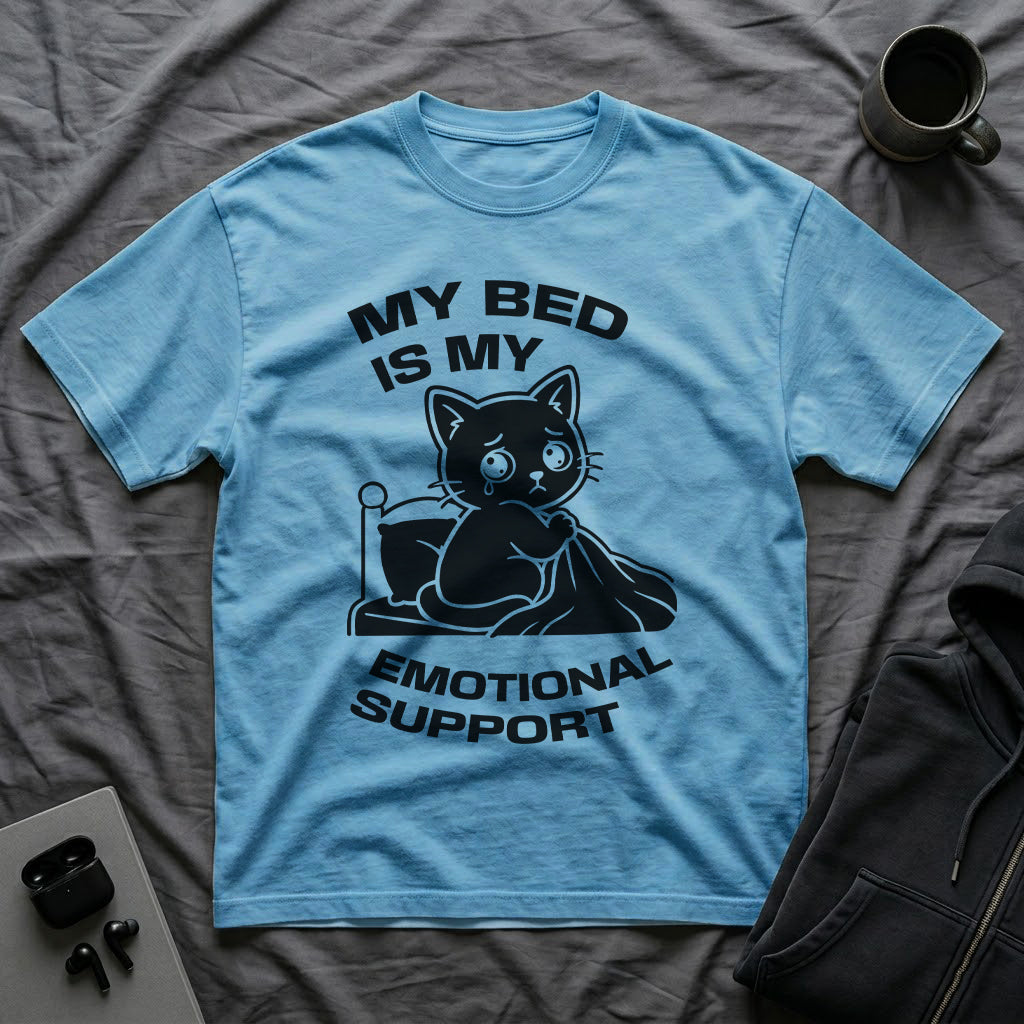 T-Shirt — 'MY BED IS MY EMOTIONAL SUPPORT' Tired Cat Graphic Tee (Tired jokes)