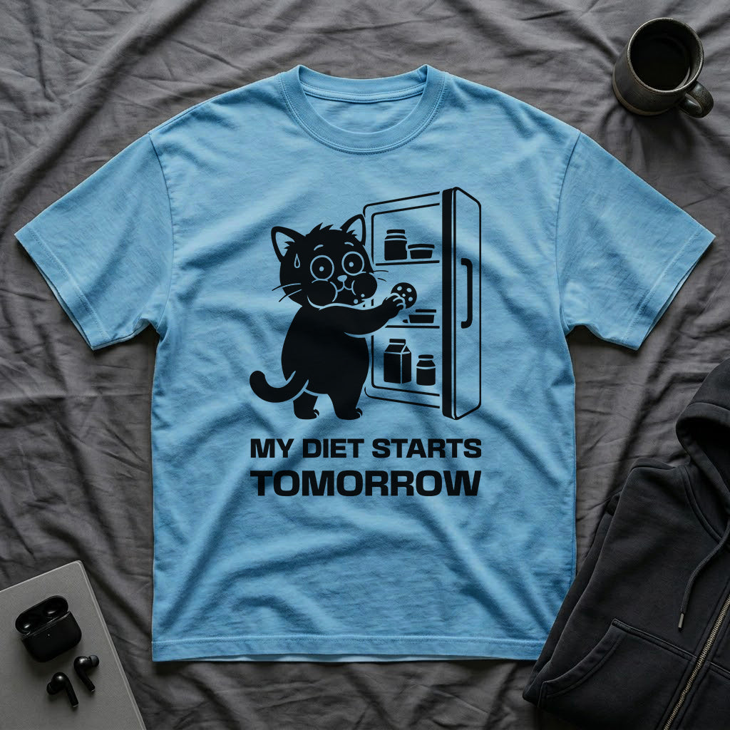T-Shirt — 'My Diet Starts Tomorrow' Tired Cat Graphic Tee (Tired jokes)
