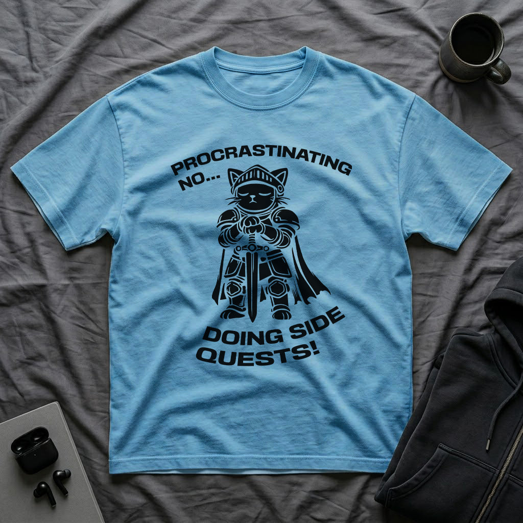 T-Shirt — 'PROCRASTINATING NO...DOING SIDE QUESTS!' Tired Cat Graphic Tee (Tired jokes)