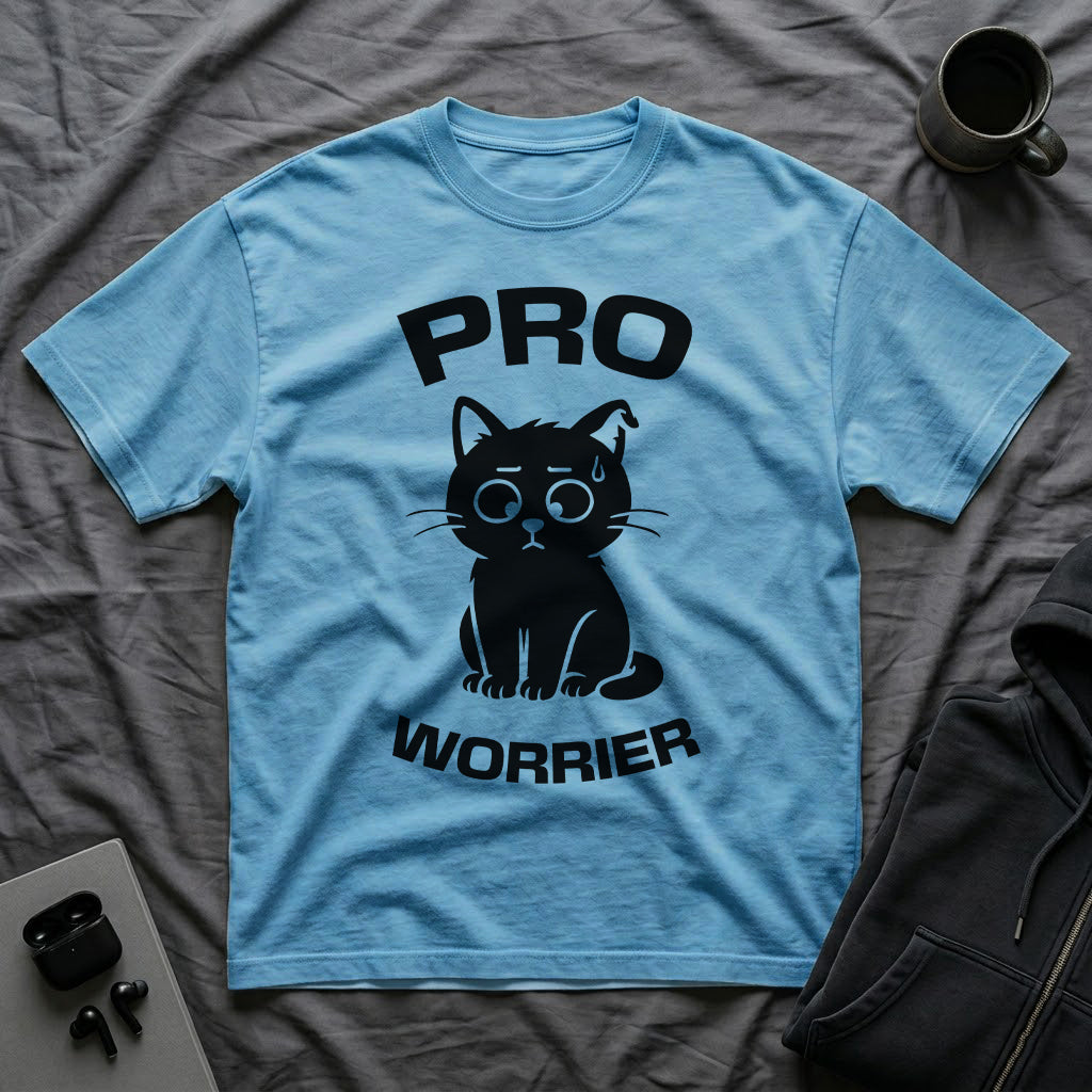 T-Shirt — 'Pro Worrier' Tired Cat Graphic Tee (Tired jokes)