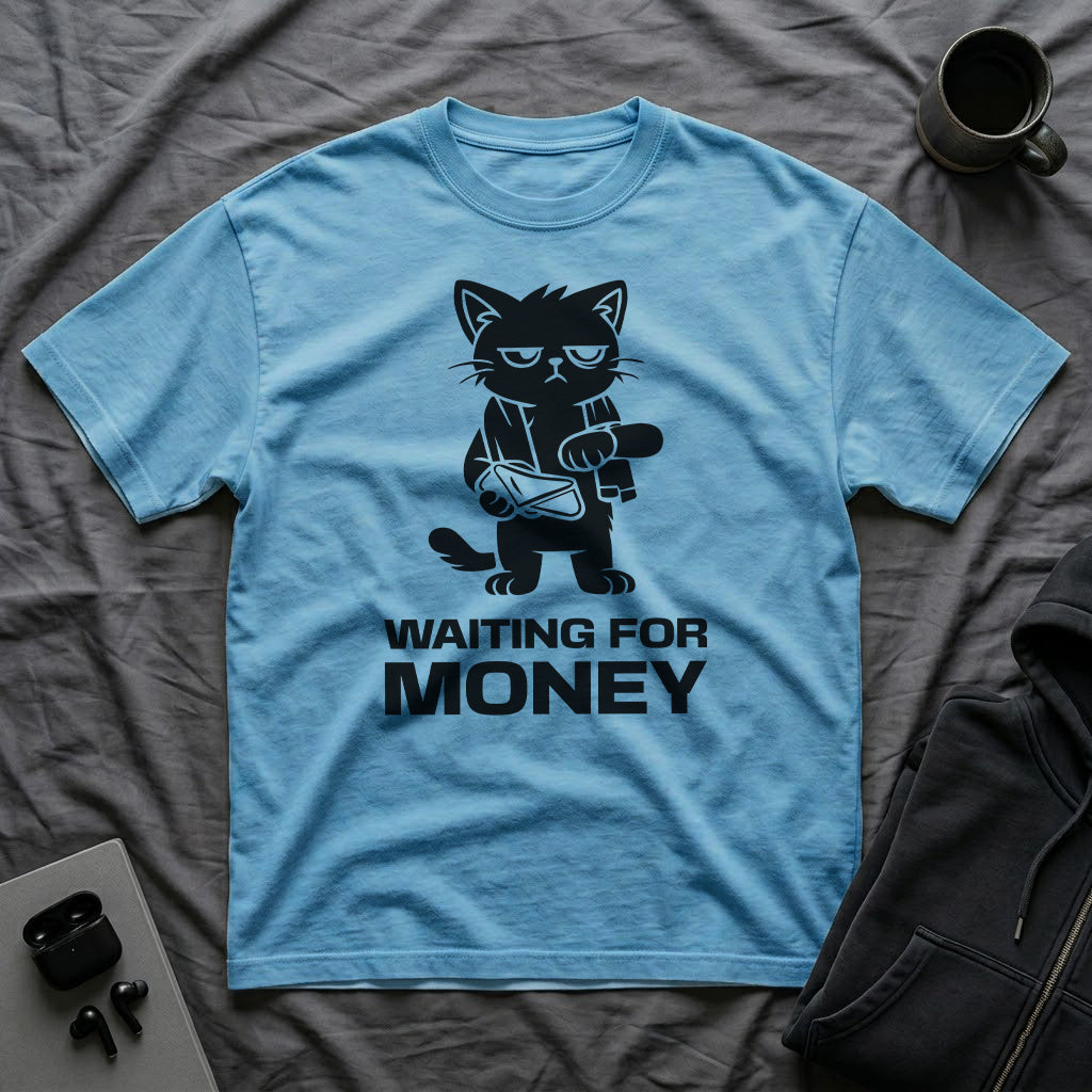 T-Shirt — 'WAITING FOR MONEY' Tired Cat Graphic Tee (Tired jokes)