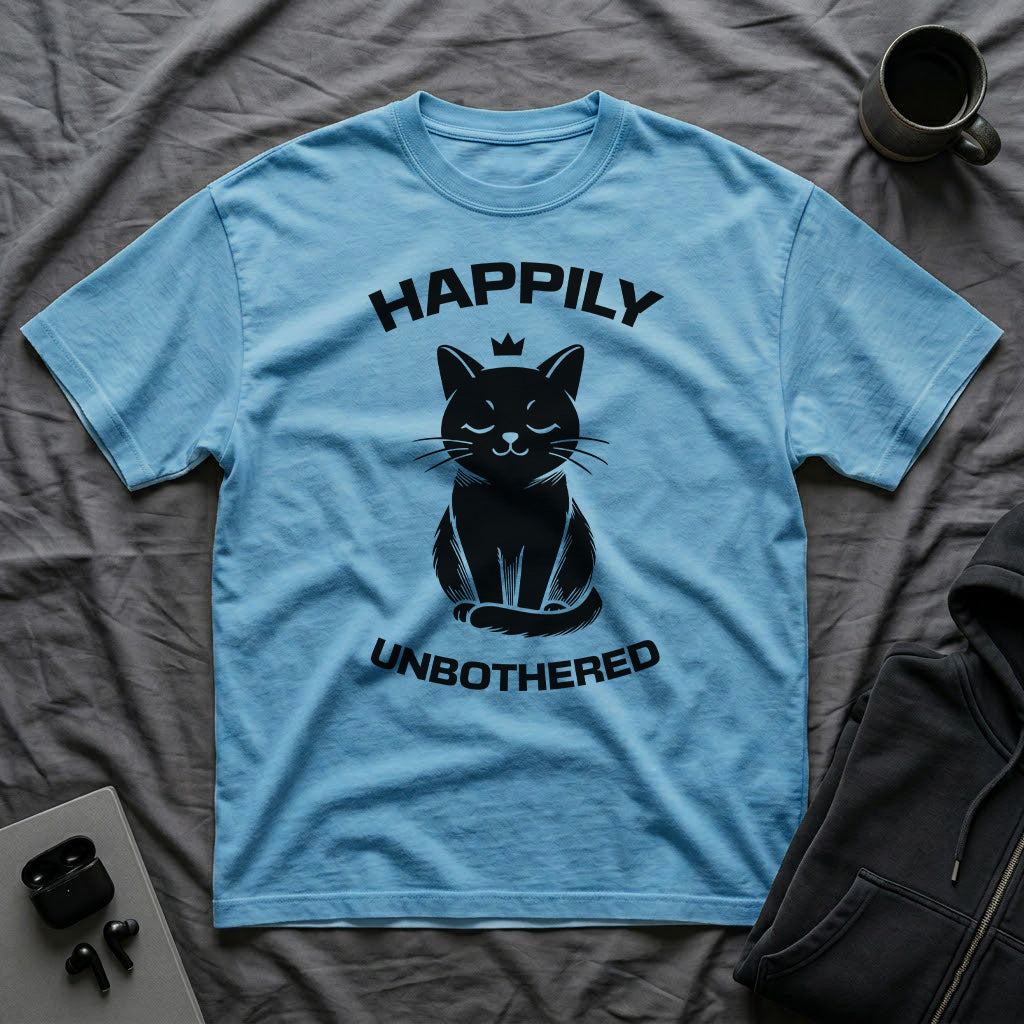 T-Shirt — 'Happily Unbothered' Tired Cat Graphic Tee (Tired jokes)