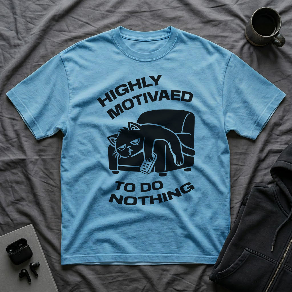 T-Shirt — 'HIGHLY MOTIVATED TO DO NOTHING' Tired Cat Graphic Tee (Tired jokes)