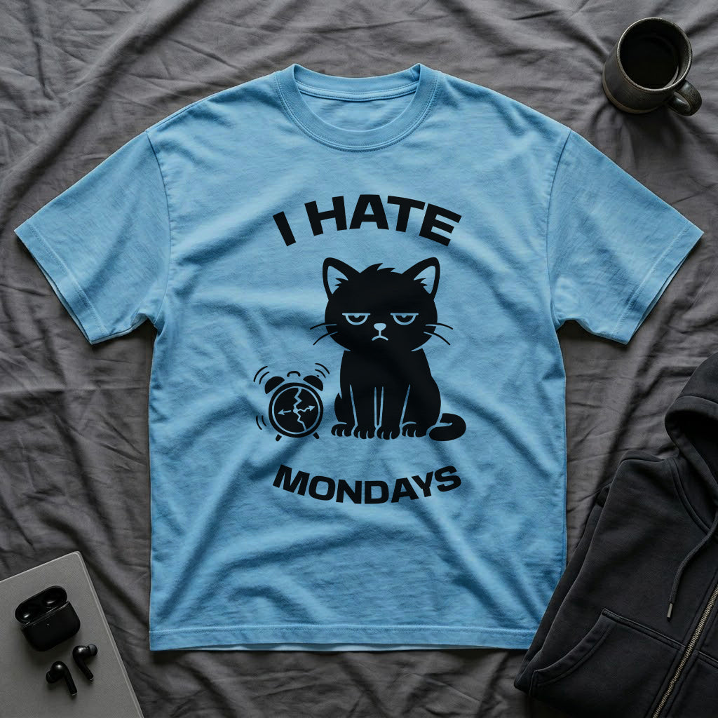 T-Shirt — 'I HATE MONDAYS ' Tired Cat Graphic Tee (Tired jokes)