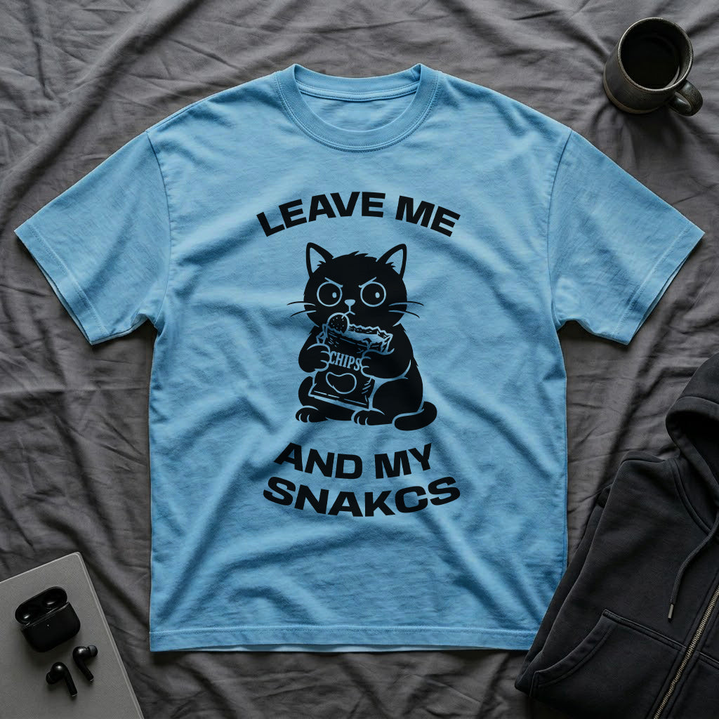 T-Shirt — 'LEAVE ME AND MY SNACKS' Tired Cat Graphic Tee (Tired jokes)