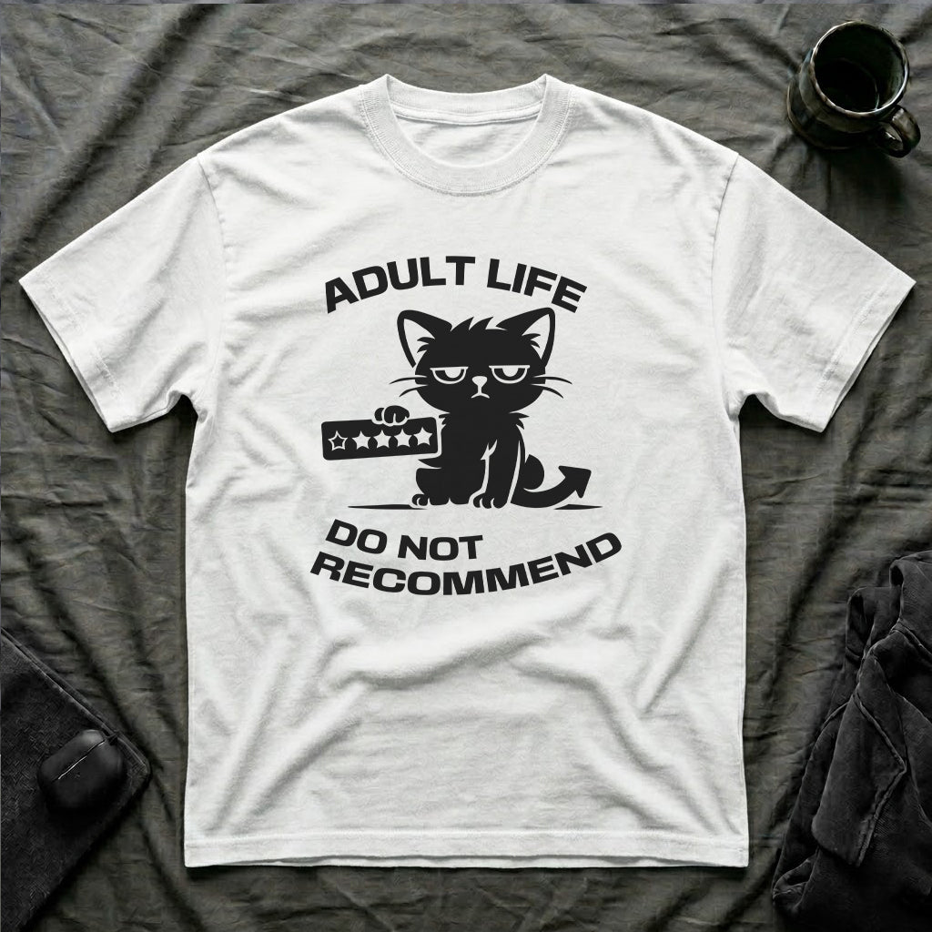T-Shirt — 'ADULT LIFE DO NOT RECOMMEND' Tired Cat Graphic Tee (Tired jokes)