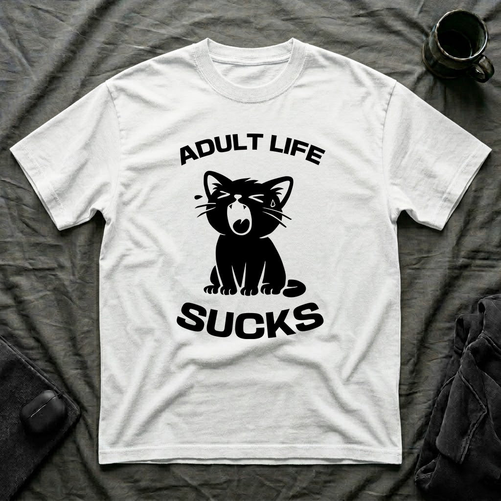 T-Shirt — 'Adult Life Sucks ' Tired Cat Graphic Tee (Tired jokes)