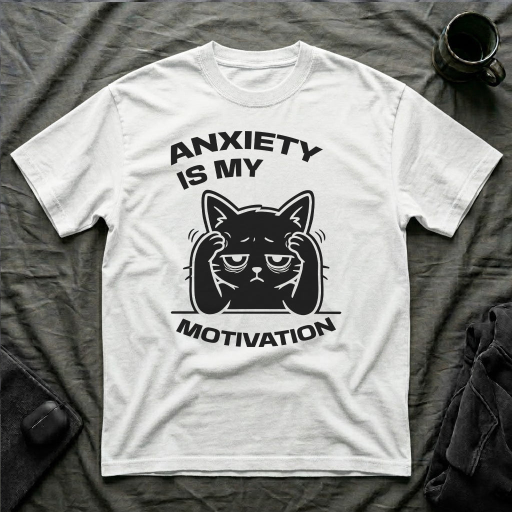 T-Shirt — 'ANXIETY IS MY MOTIVATION' Tired Cat Graphic Tee (Tired jokes)