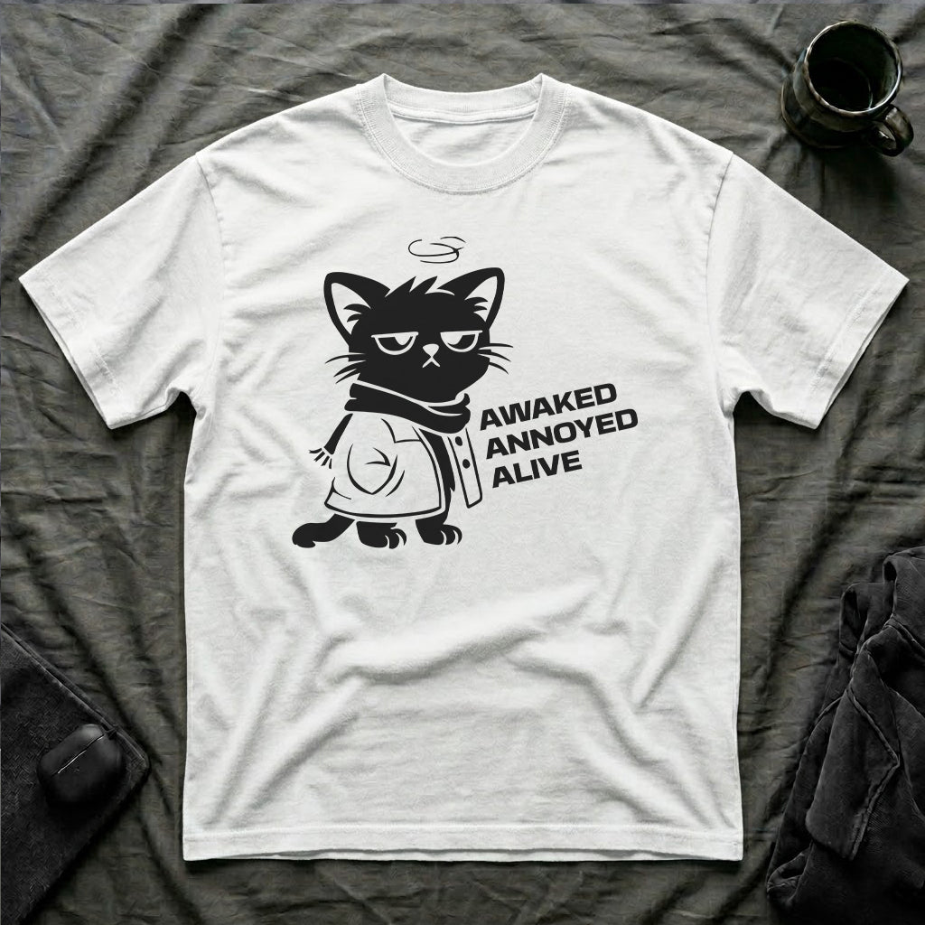 T-Shirt — 'AWAKED ANNOYED ALIVE' Tired Cat Graphic Tee (Tired jokes)