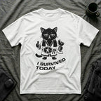 T-Shirt — 'I SURVIVED TODAY' Tired Cat Graphic Tee (Tired jokes)