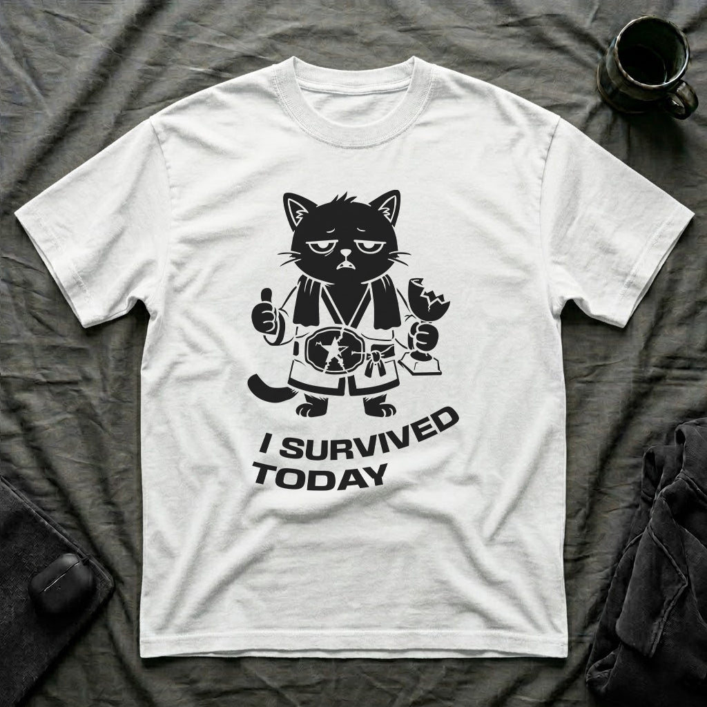 T-Shirt — 'I SURVIVED TODAY' Tired Cat Graphic Tee (Tired jokes)