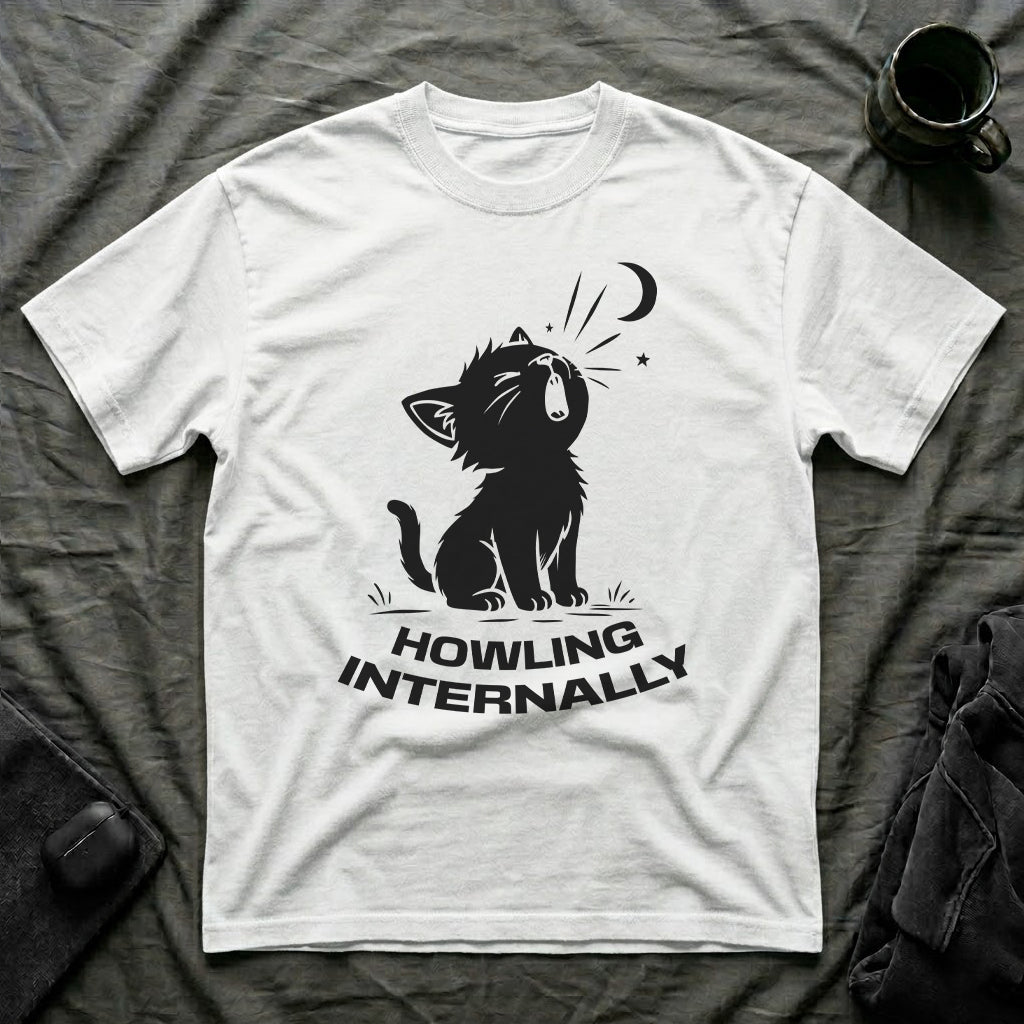 T-Shirt — 'HOWLING INTERNALLY' Tired Cat Graphic Tee (Tired jokes)