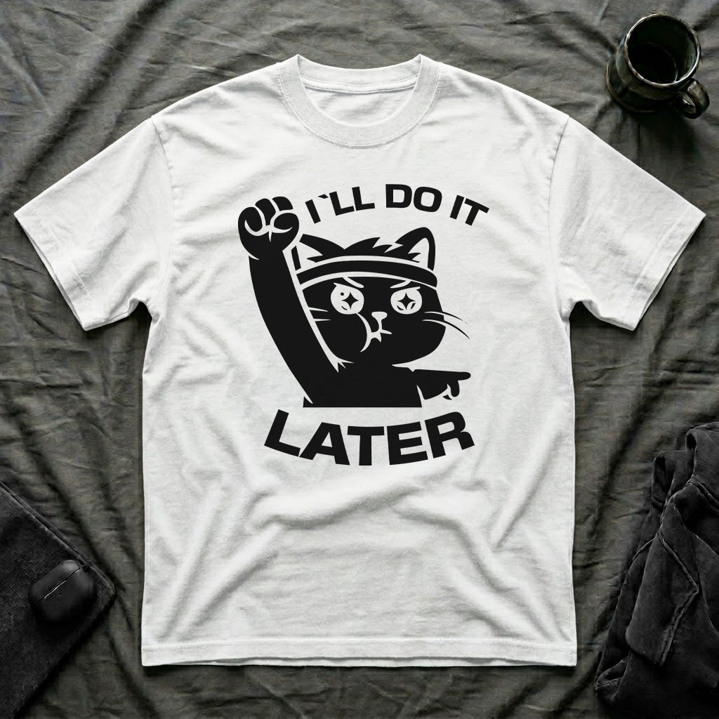 T-Shirt — 'I'll Do It Later' Tired Cat Graphic Tee (Tired jokes)