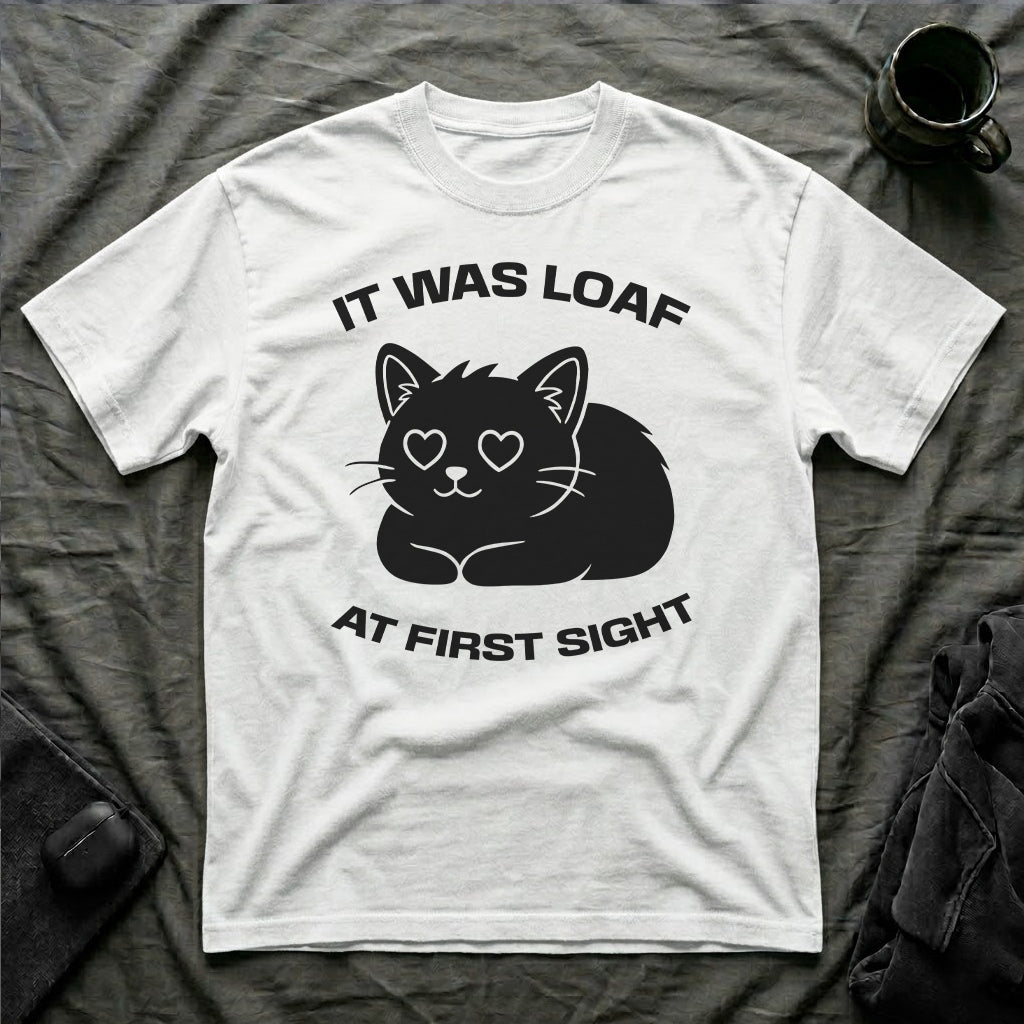 T-Shirt — 'IT WAS LOAF AT FIRST SIGHT' Tired Cat Graphic Tee (Tired jokes)