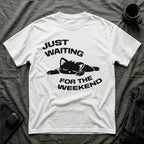T-Shirt — 'JUST WAITING FOR THE WEEKEND' Tired Cat Graphic Tee (Tired jokes)