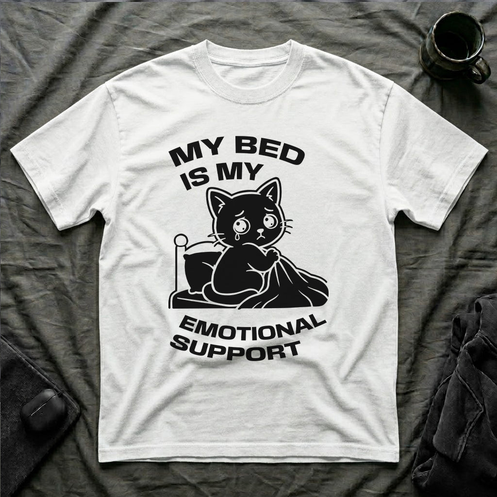 T-Shirt — 'MY BED IS MY EMOTIONAL SUPPORT' Tired Cat Graphic Tee (Tired jokes)