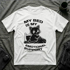 T-Shirt — 'MY BED IS MY EMOTIONAL SUPPORT' Tired Cat Graphic Tee (Tired jokes)